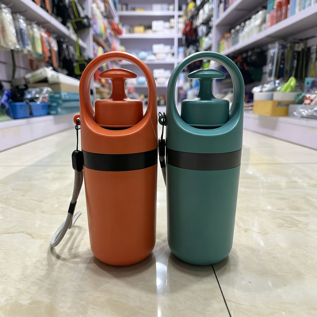 Two Pawmuse No-Touch 6-Claw Dog Poop Scoopers, orange and blue, standing on a polished store aisle floor with loop handles, black bands and grey wrist straps, surrounded by white shelving