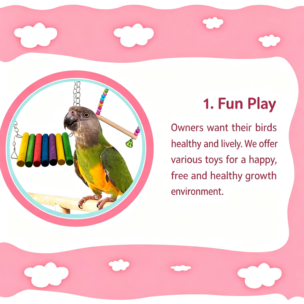 Fun Play bird toy graphic showing a Senegal parrot near a hanging bridge toy of colored wooden cylinders and a beaded perch with a small bell