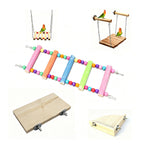 Pawmuse Activity Toy set for pet birds: wooden hanging bridge, two-tier platform, rainbow ladder, flat perch and corner platform on a white background