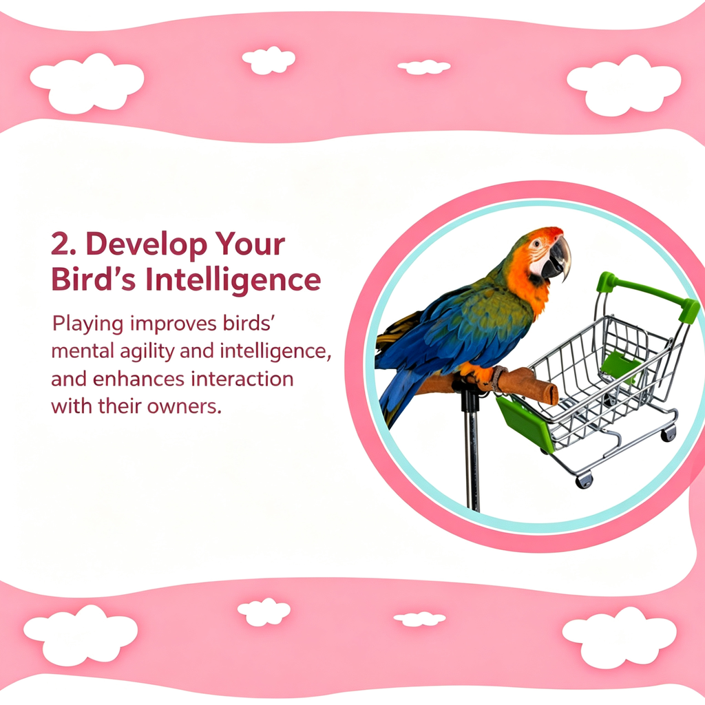 Develop Your Birds Intelligence graphic showing a blue and yellow macaw perched beside a miniature shopping cart bird toy
