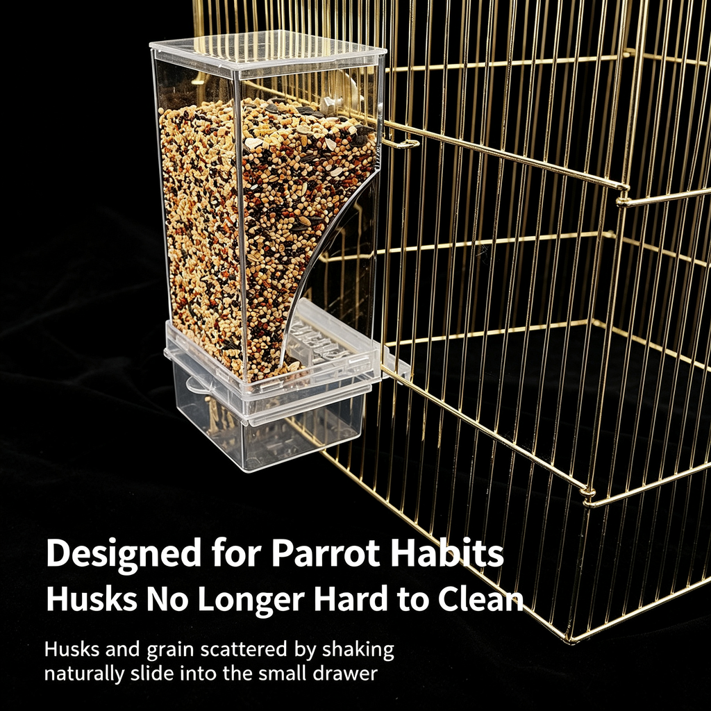 Clear bird feeder mounted on a gold wire birdcage with husks sliding into the pull-out drawer, on a black background with parrot-habit callout text