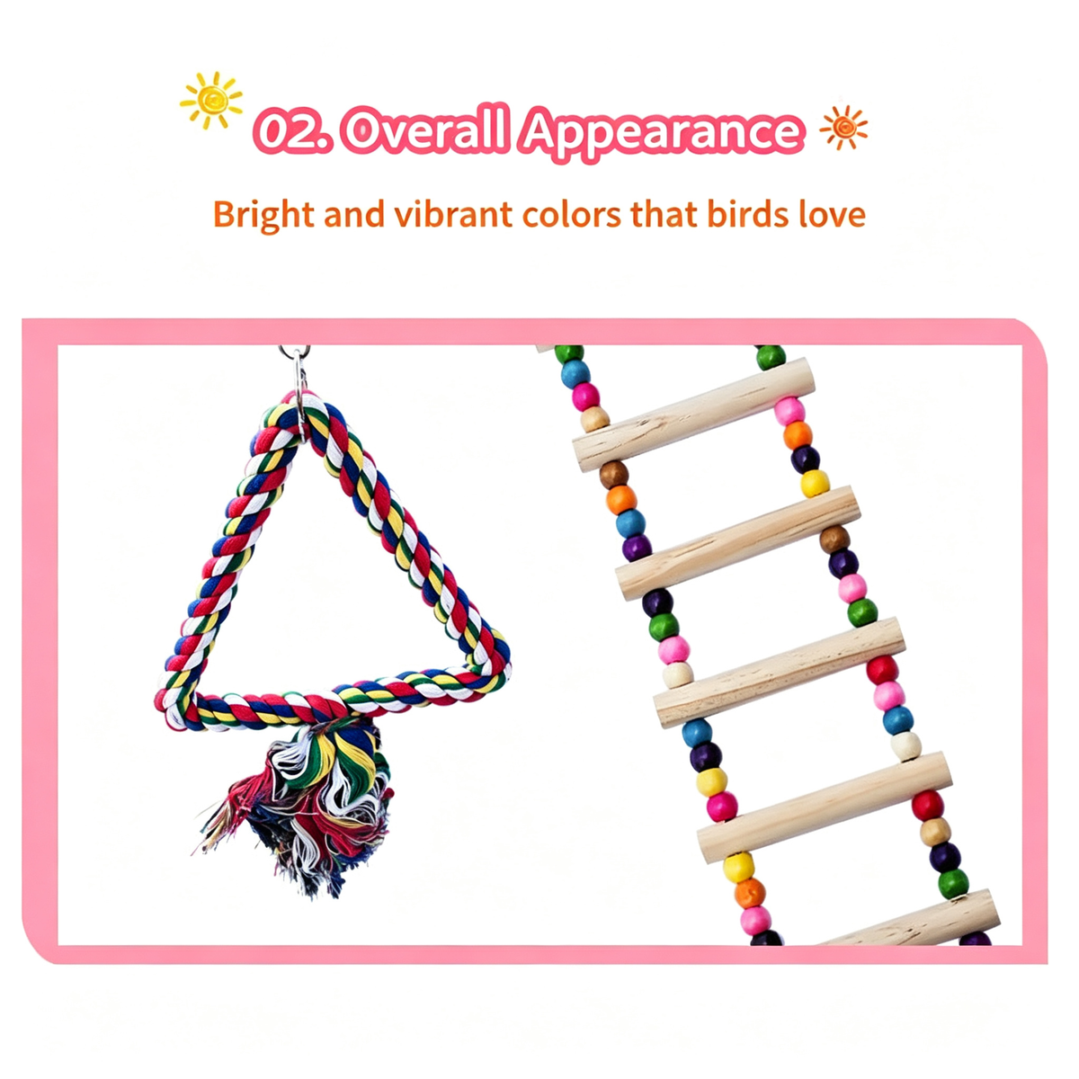 Pink marketing graphic 02. Overall Appearance with a white panel showing a braided multicolor rope triangle swing with a tassel and a flexible wooden ladder with colorful beads