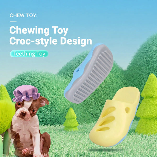 Pawmuse pet hole slipper chew toy promotional graphic - puppy wearing a shower cap with the yellow and blue clog toys