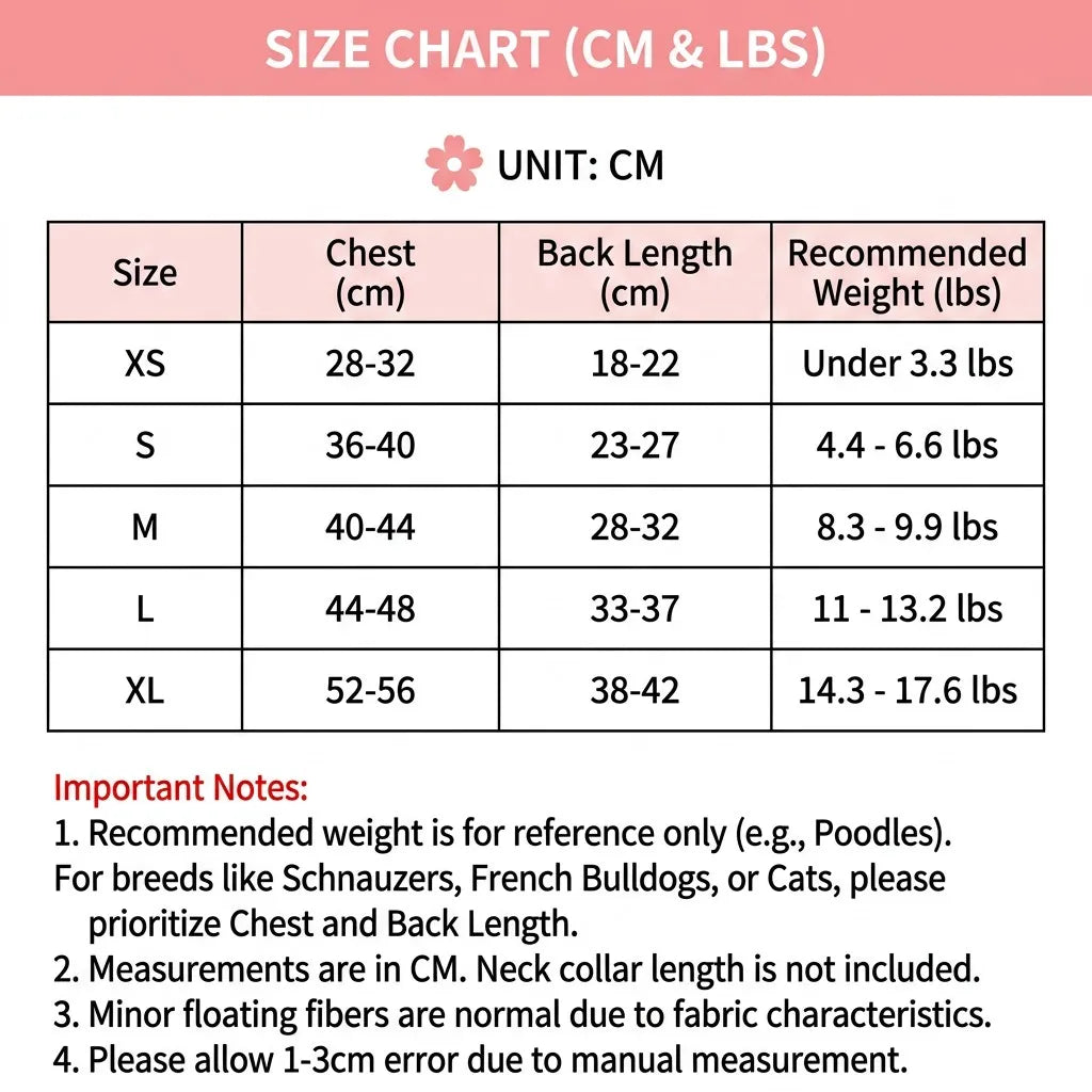 Pet Overalls Professional Size Chart (CM & LBS)