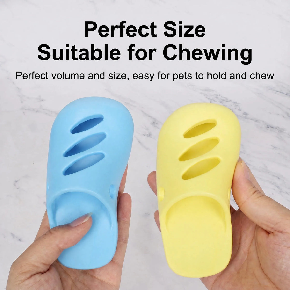Pawmuse hole slipper chew toy perfect size - blue and yellow clog toys held in hands, suitable for chewing