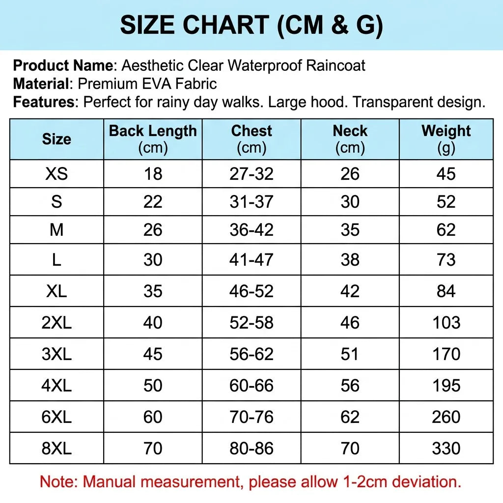 Size Chart (CM & G) - Clear Pet Raincoat