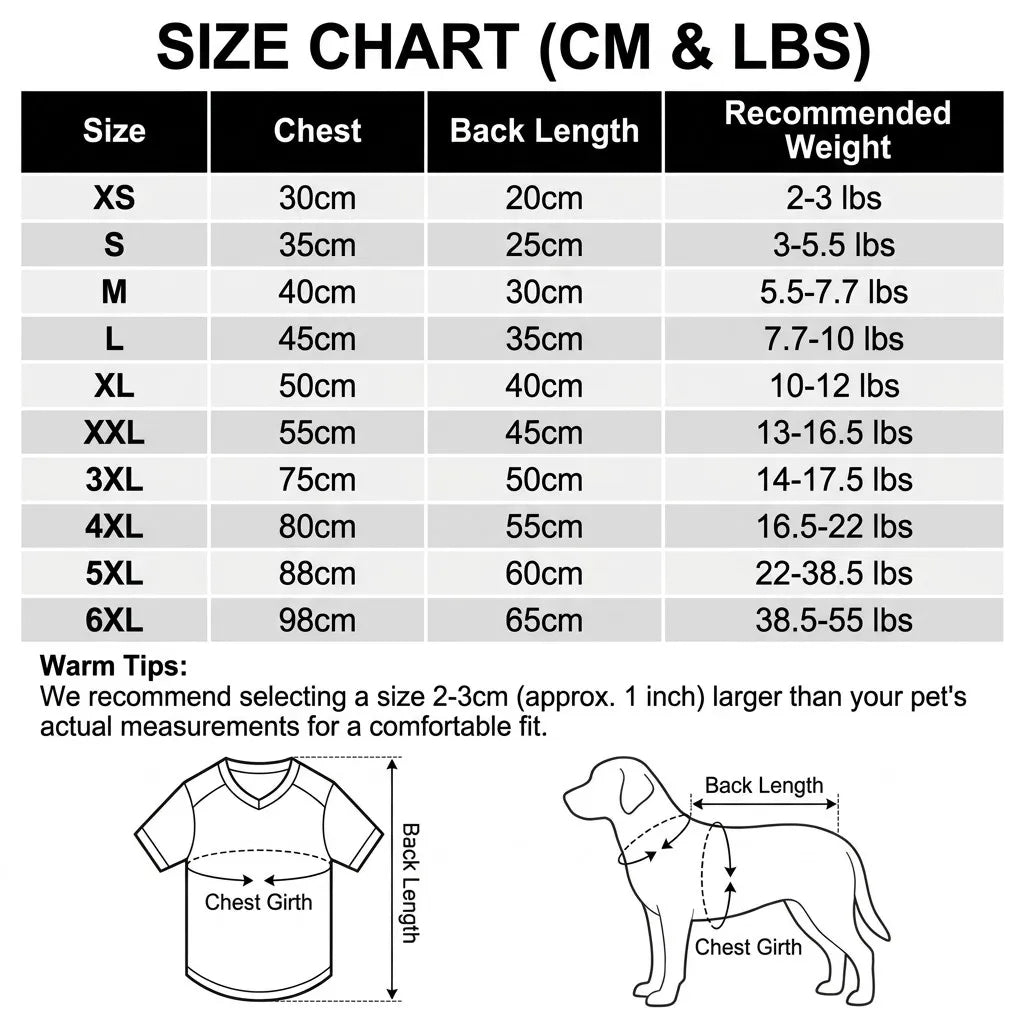 Pet Soccer Jersey Size Chart (CM & LBS)