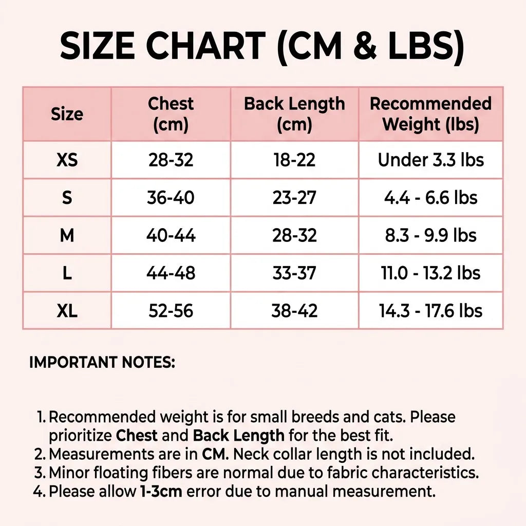Pet Winter Collection Professional Size Chart (CM & LBS)