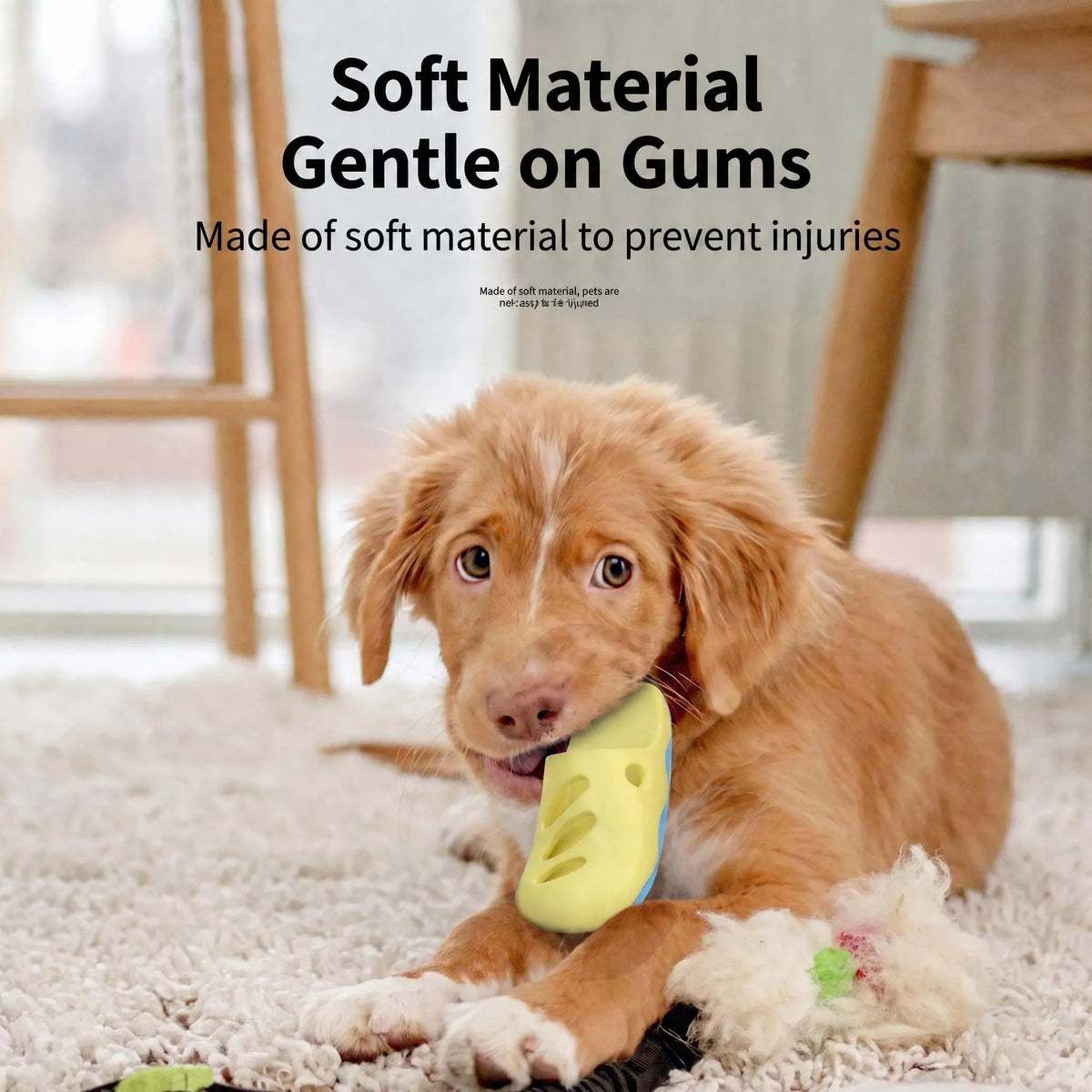 Puppy chewing the Pawmuse hole slipper chew toy - soft material, gentle on gums