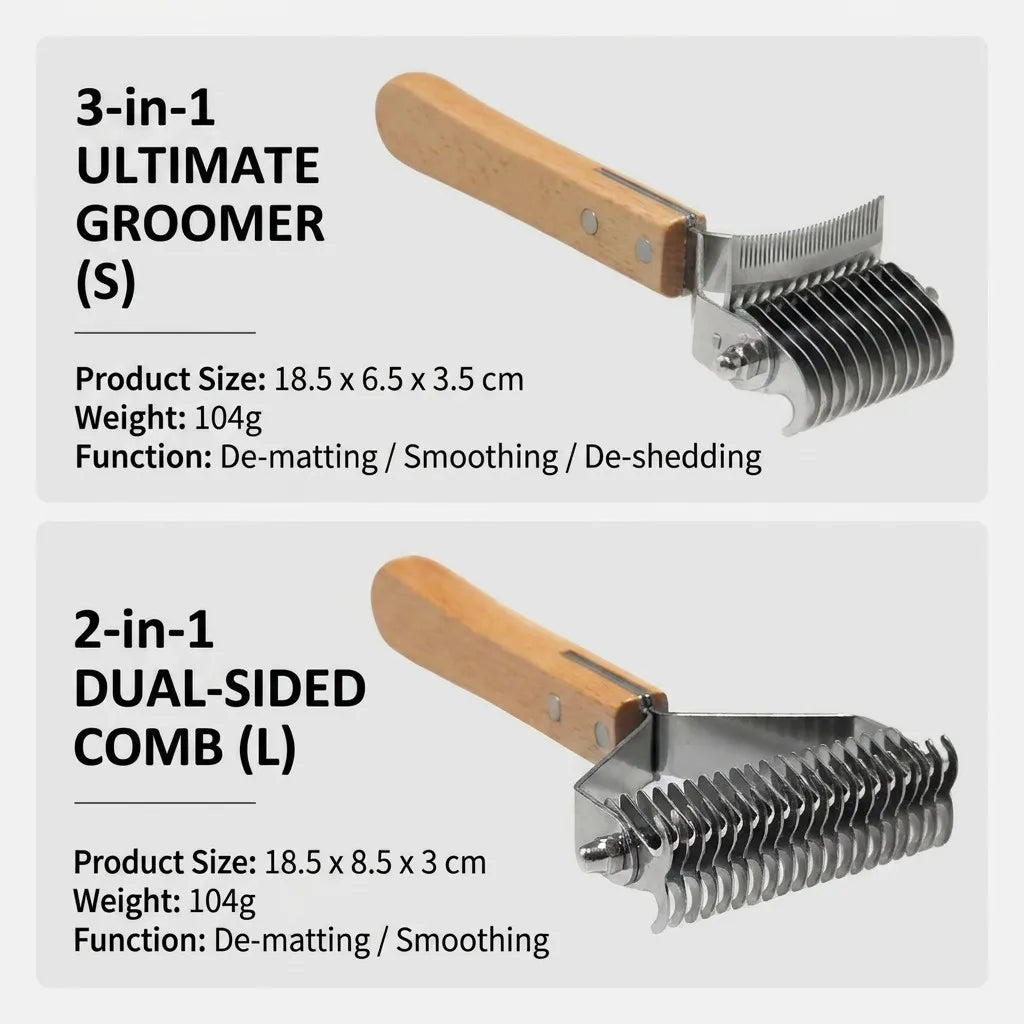 Premium Beech Wood 3-in-1 & 2-in-1 Pet Grooming Tool