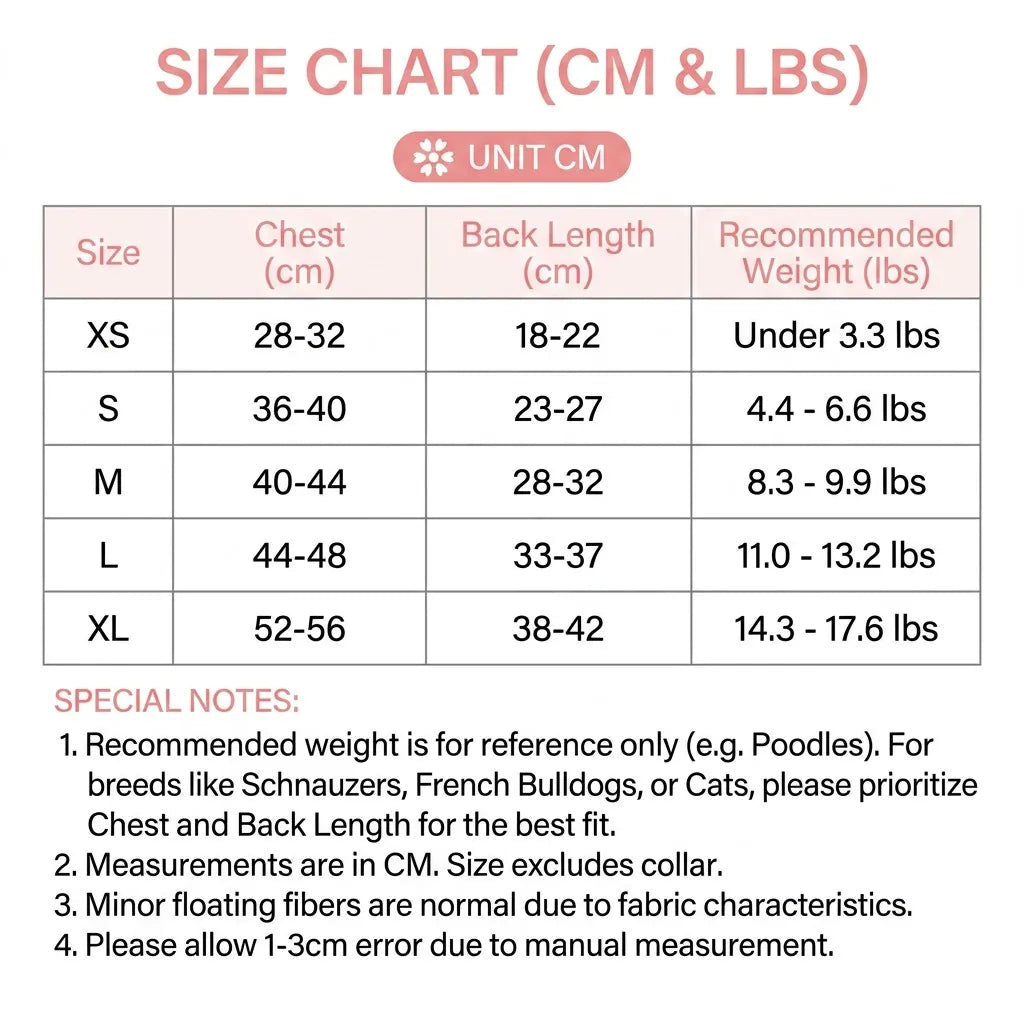 Bark Explorer Winter Parka Size Chart (CM & LBS)