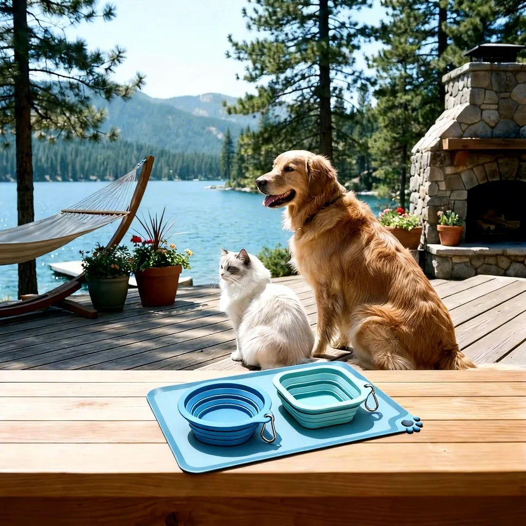 Adventure Pet Dining Kit - 3-Piece Collapsible Travel Set (2 Bowls + 1 Food Mat) for Hiking, Camping, Road Trips