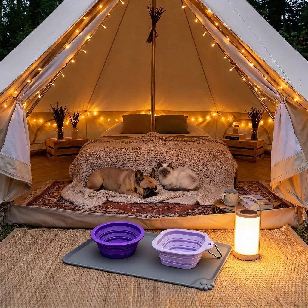 Adventure Pet Dining Kit - 3-Piece Collapsible Travel Set (2 Bowls + 1 Food Mat) for Hiking, Camping, Road Trips