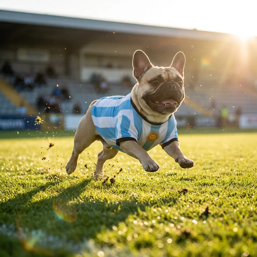 French Bulldog running in Argentina Pet Soccer Jersey - 4K Action Shot