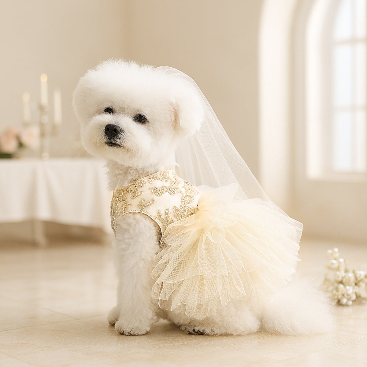 Aesthetic Pearl & Lace Pet Wedding Dress Gown - Premium Gala Collection