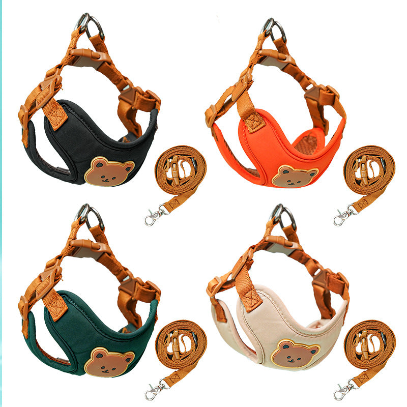 Aesthetic Teddy Bear Embroidery Pet Harness & Leash Set - Breathable Comfort