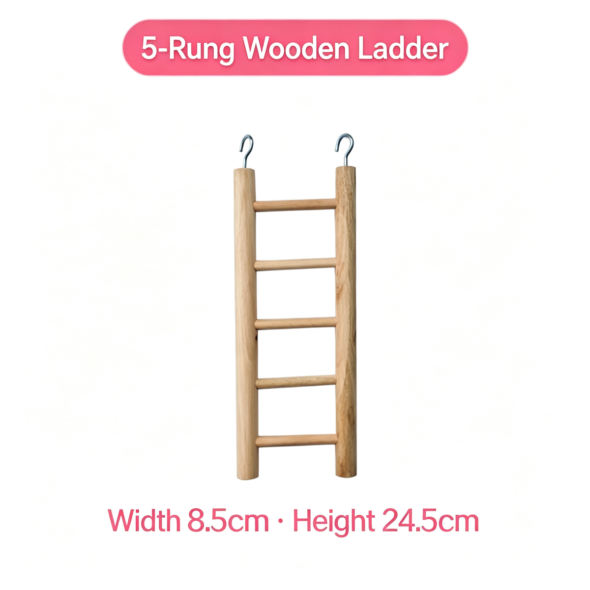 Five-rung wooden bird ladder labeled 5-Rung Wooden Ladder with dimensions Width 8.5cm and Height 24.5cm on a white background